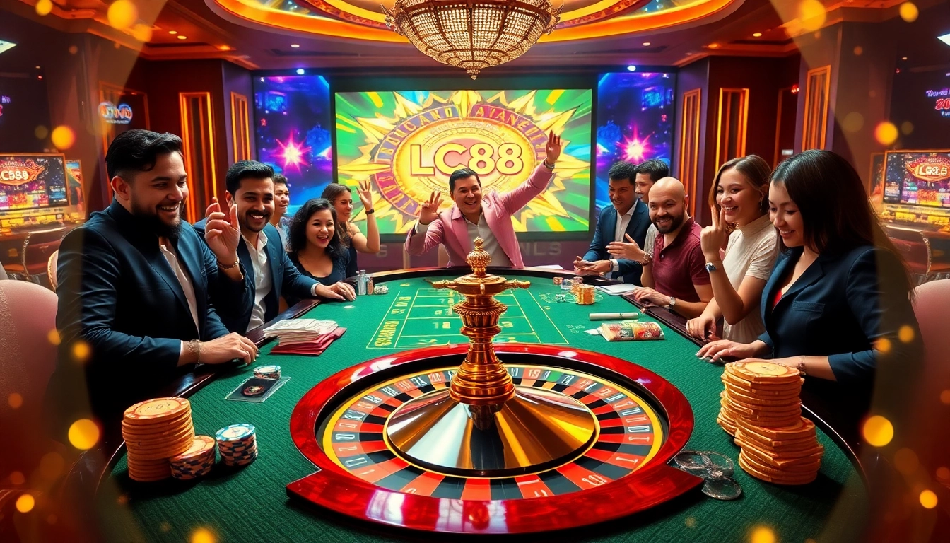 Players enjoying lively gameplay at an LC88-themed casino table with vibrant colors.