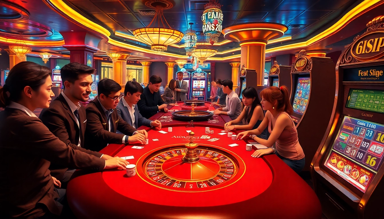 A lively casino scene at http://678vip.xyz/ showcasing players engaging in poker and roulette, capturing the excitement of gambling.