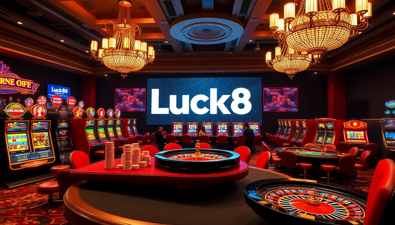 Luck8 players celebrating a win at an elegant casino table with vibrant slot machines.