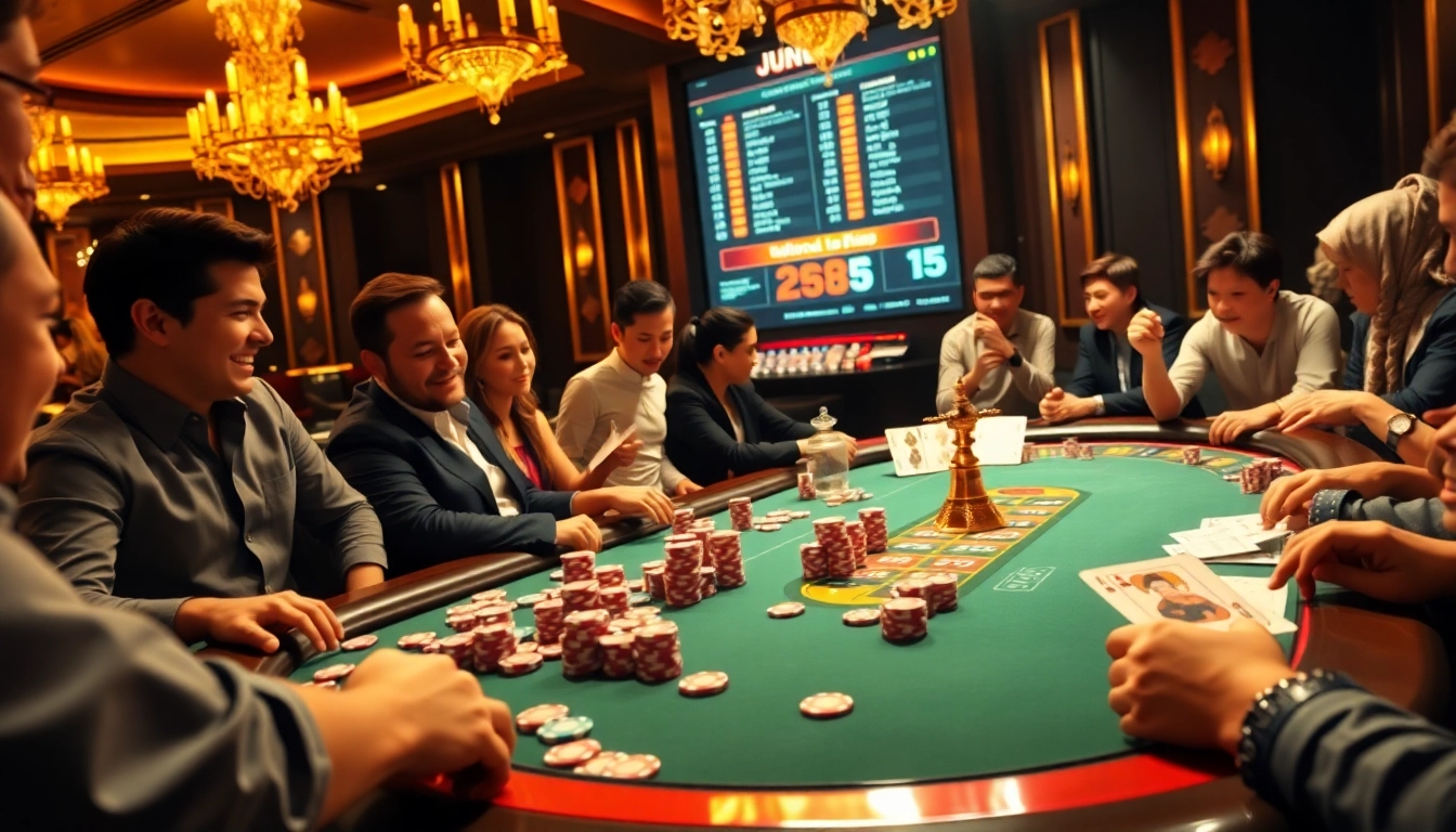 Excited gamblers at a poker table in Jun88 casino, enjoying a vibrant gaming experience.