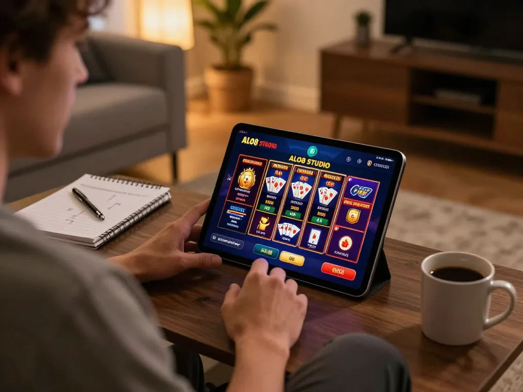 Engaging gamer using ALO8 STUDIO app on tablet in a cozy home setting, showcasing strategic casino interaction.