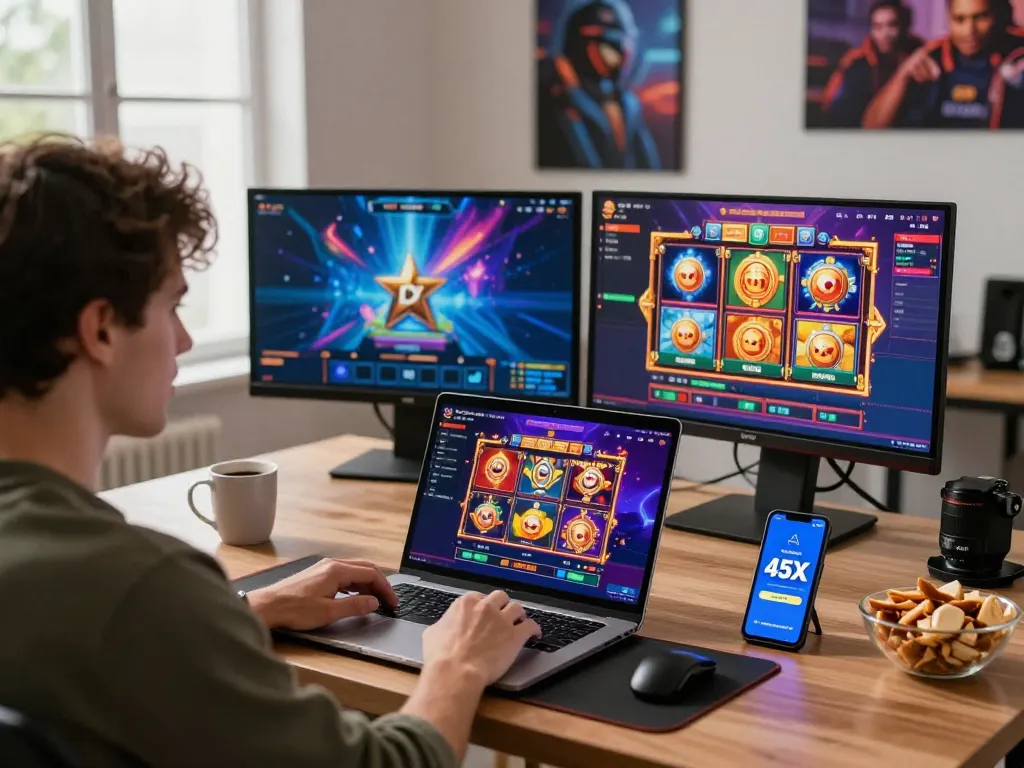 Engaging scene of a player enjoying the 45X bet experience with vibrant slot games and modern gaming setup.