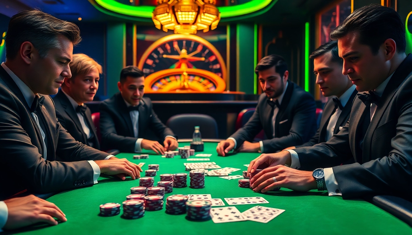 Players engaging in a thrilling poker game at Open88, showcasing excitement and skill in high-stakes action.
