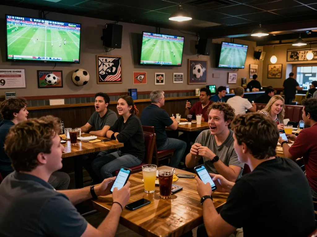 Football enthusiasts placing bets at a lively sports bar with multiple screens and warm atmosphere.