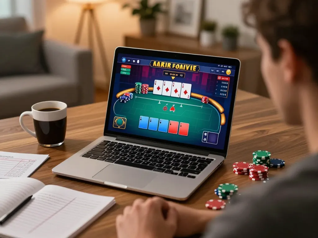 Player enjoying online poker at sunwingo, surrounded by strategy notes and a warm home setting.