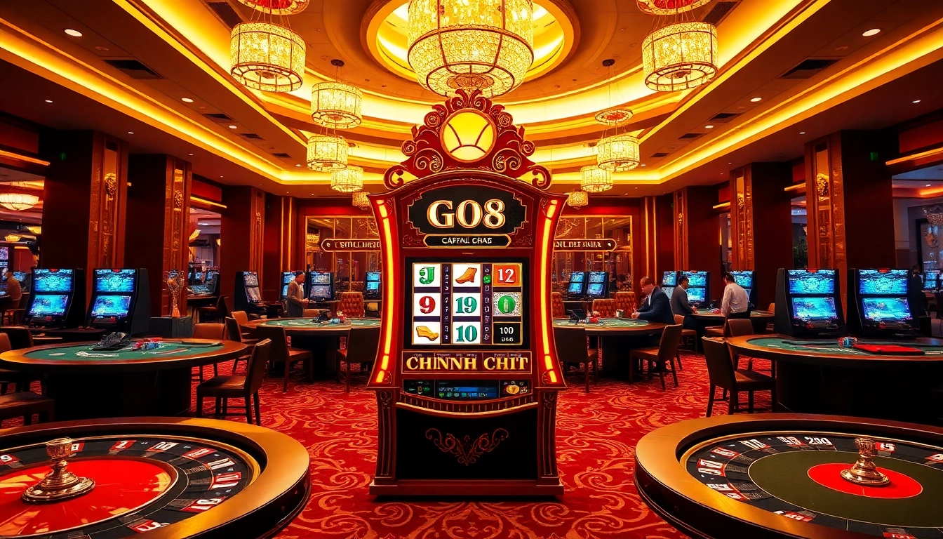 Engage with the GO8 CHÍNH CHỦ casino experience featuring an elegant slot machine and poker tables amidst a luxurious setting.