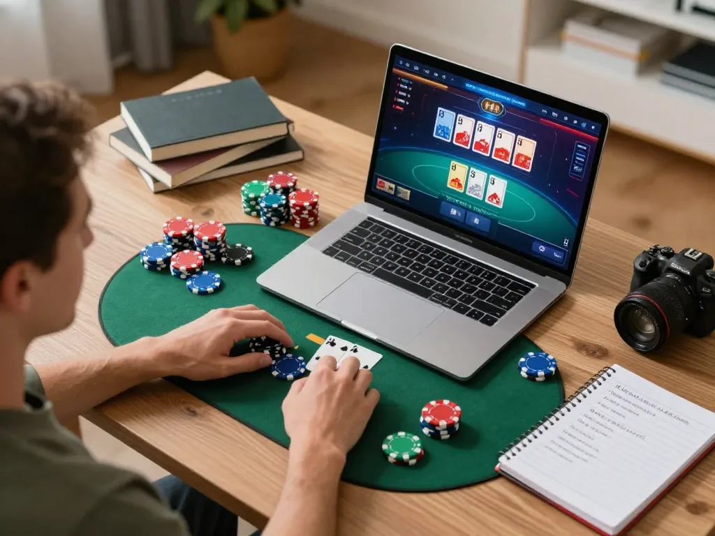 Bong88 player engaging in strategic online poker game at home, chips visible, laptop screen showing vibrant game interface