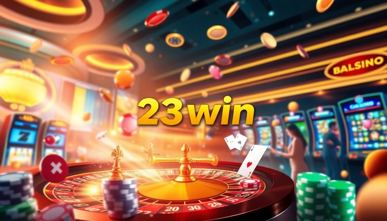 Players celebrating big wins at 23win online casino with vibrant slot machines and roulette.