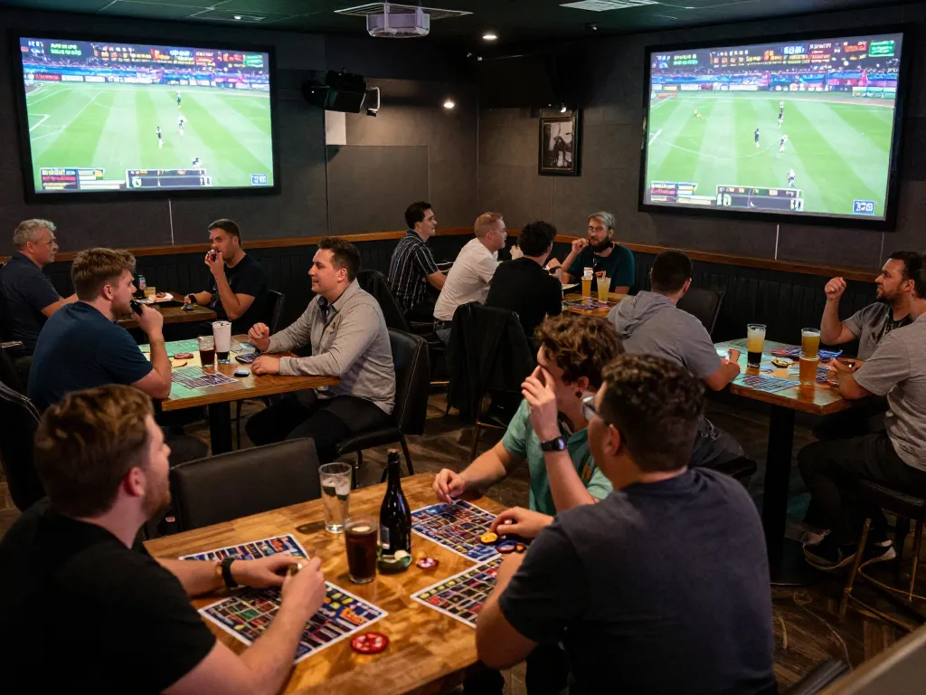Fans actively placing bets and celebrating victories at the sports bar, keonhacai captured in the thrilling atmosphere.