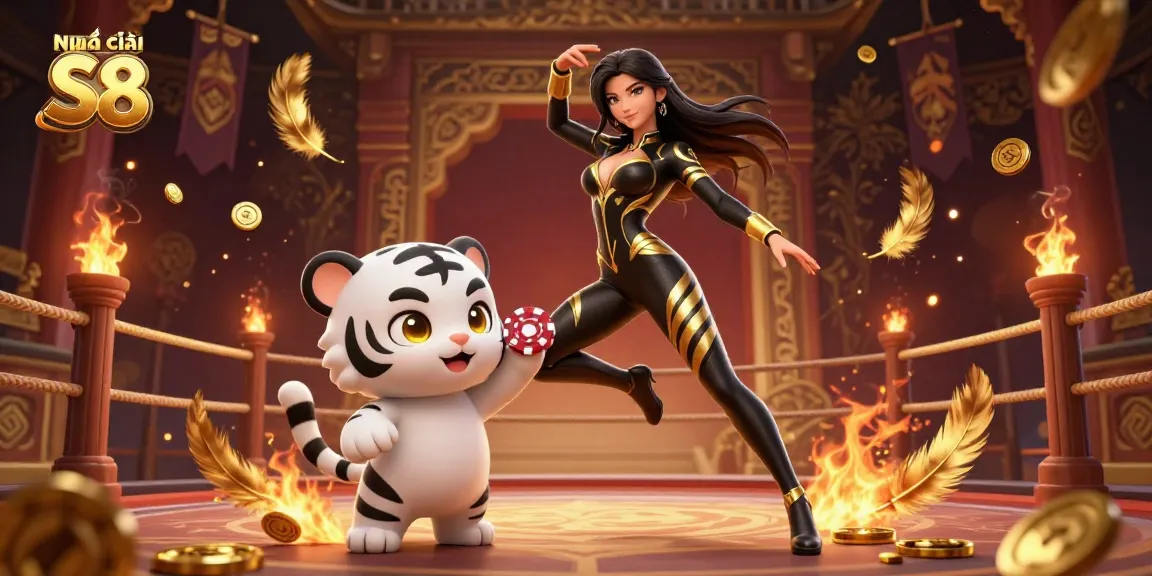 Engage in spectacular gaming action with Nhà cái S8 featuring a striking woman and baby tiger amidst vibrant casino elements.
