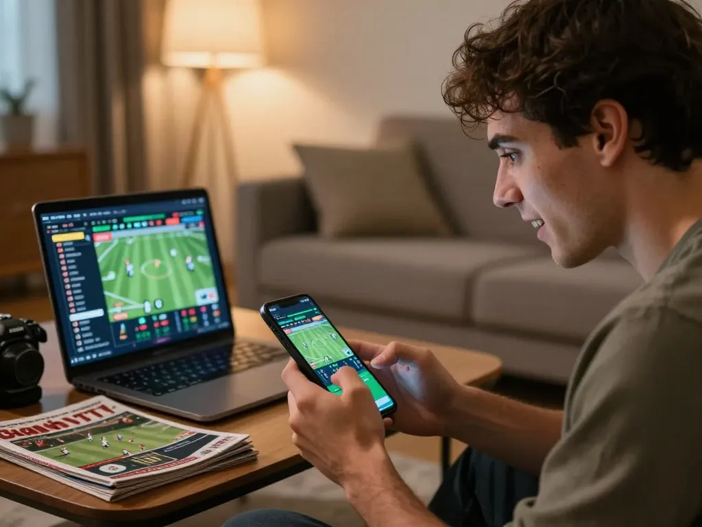 CakhiaTV user engaging with sports betting app on smartphone in a cozy living room
