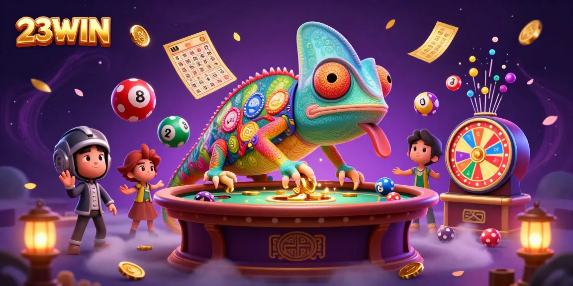 Experience the excitement of 23WIN with a vibrant casino scene featuring a chameleon owner and colorful lottery elements.