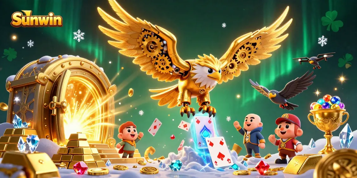 Sunwin showcases players diving into winnings with golden eagle and treasure in an intense 3D casino scene.