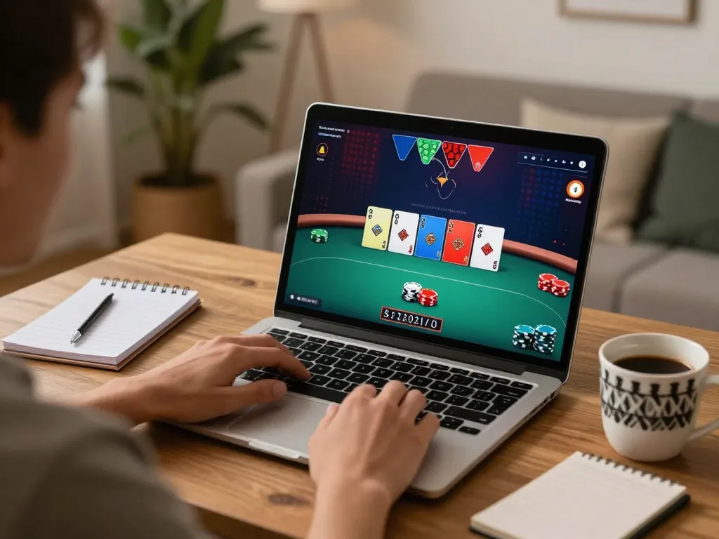Engaging in online poker gameplay at https://99win.actor/ with vibrant cards and chips on laptop.