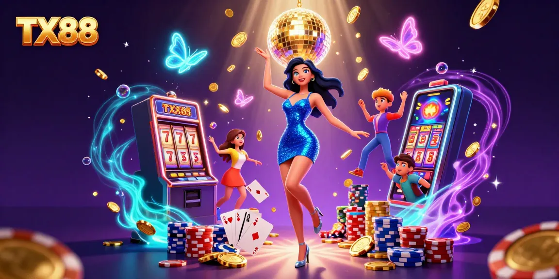 Engaging TX88 online casino scene featuring dynamic slot reels, vibrant colors, and festive casino elements.