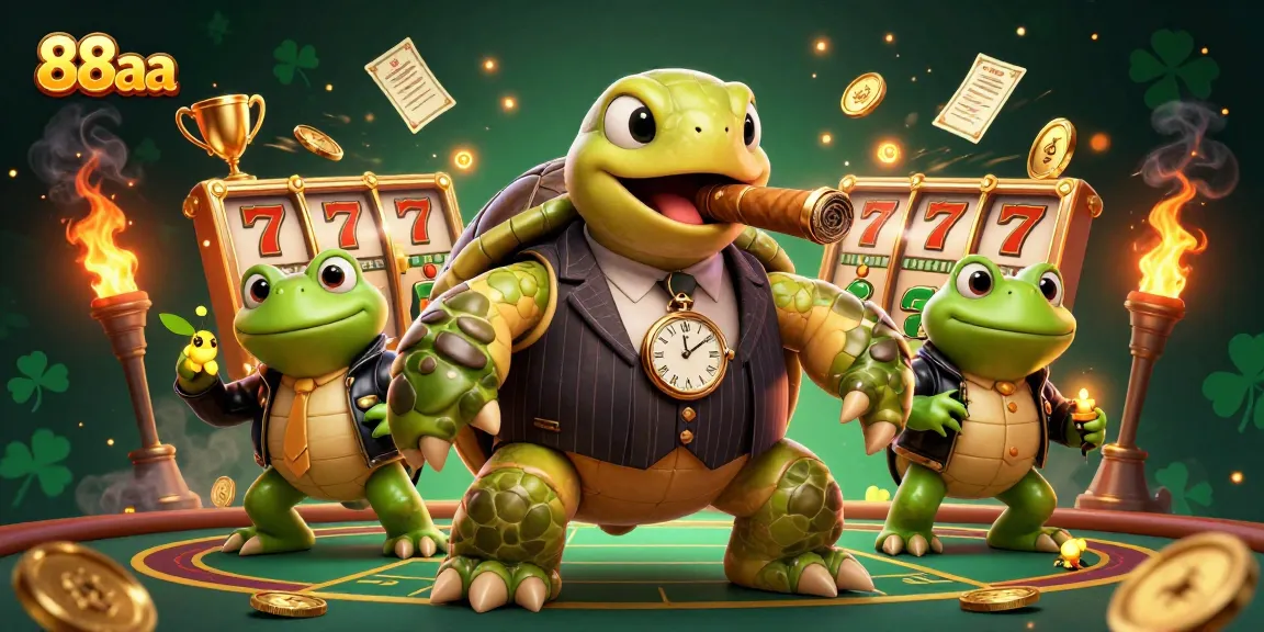Experience thrilling slots with 88aa, featuring a vibrant turtle mobster surrounded by dynamic casino elements.