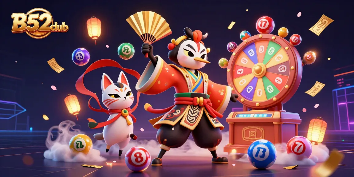 B52club engages players with a vibrant 3D illustration showcasing a kabuki warrior and lottery elements.