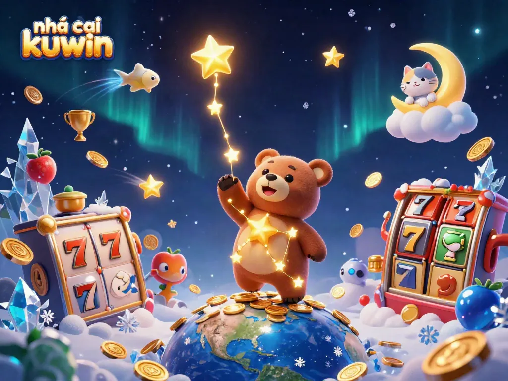 Engaging scene showcasing nhà cái kuwin, where a golden constellation bear interacts with vibrant gaming elements.