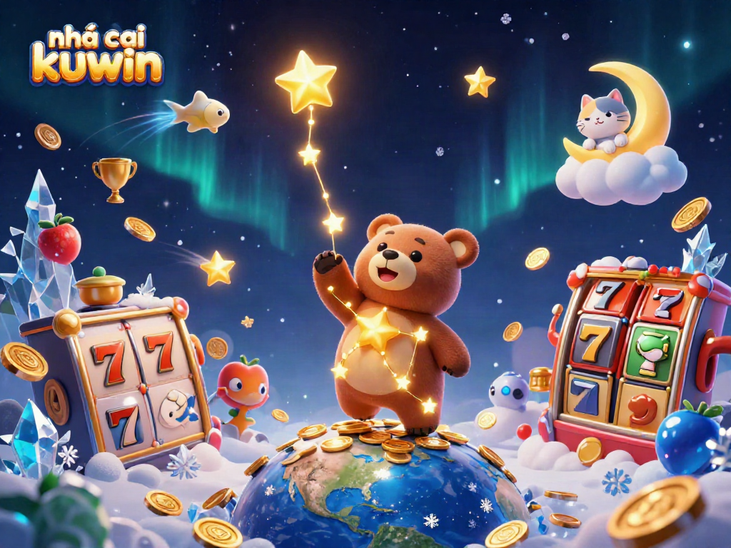 Engaging scene showcasing nhà cái kuwin, where a golden constellation bear interacts with vibrant gaming elements.