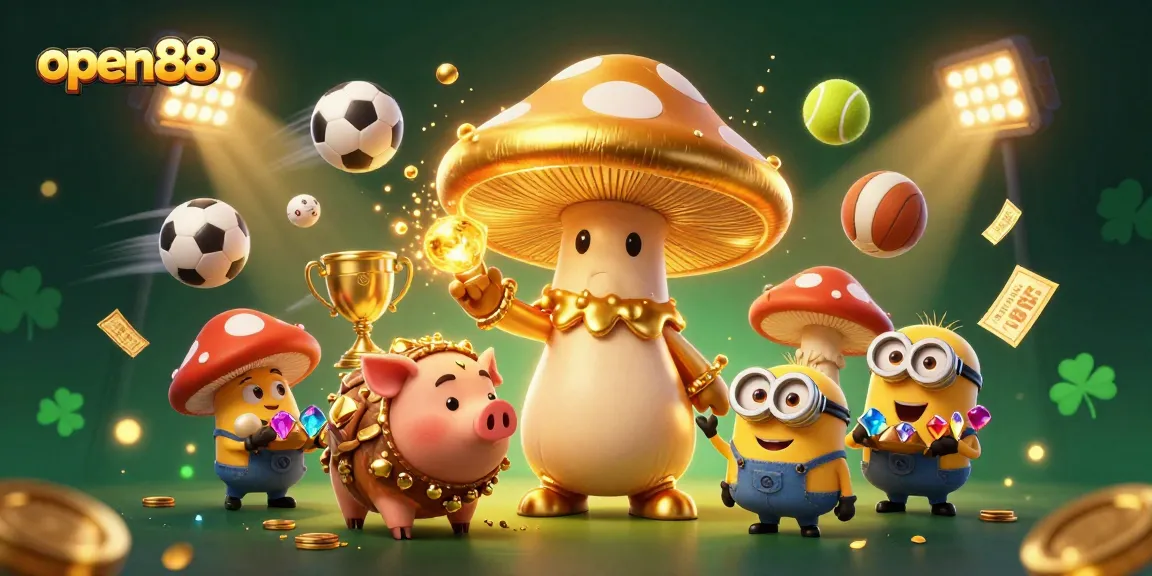 Experience the thrill of open88 with a golden wizard and treasure elements in a vibrant sports-themed scene.
