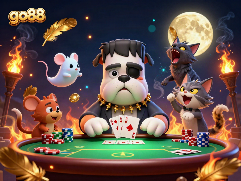 Experience the thrill of go88 as Frankenstein bulldog deals cards amidst spooky casino elements.