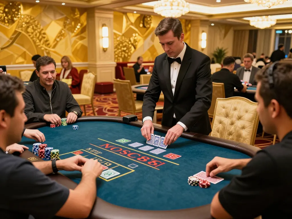 Players experience thrilling blackjack action at SC 88's luxurious casino tables, capturing excitement and tension.