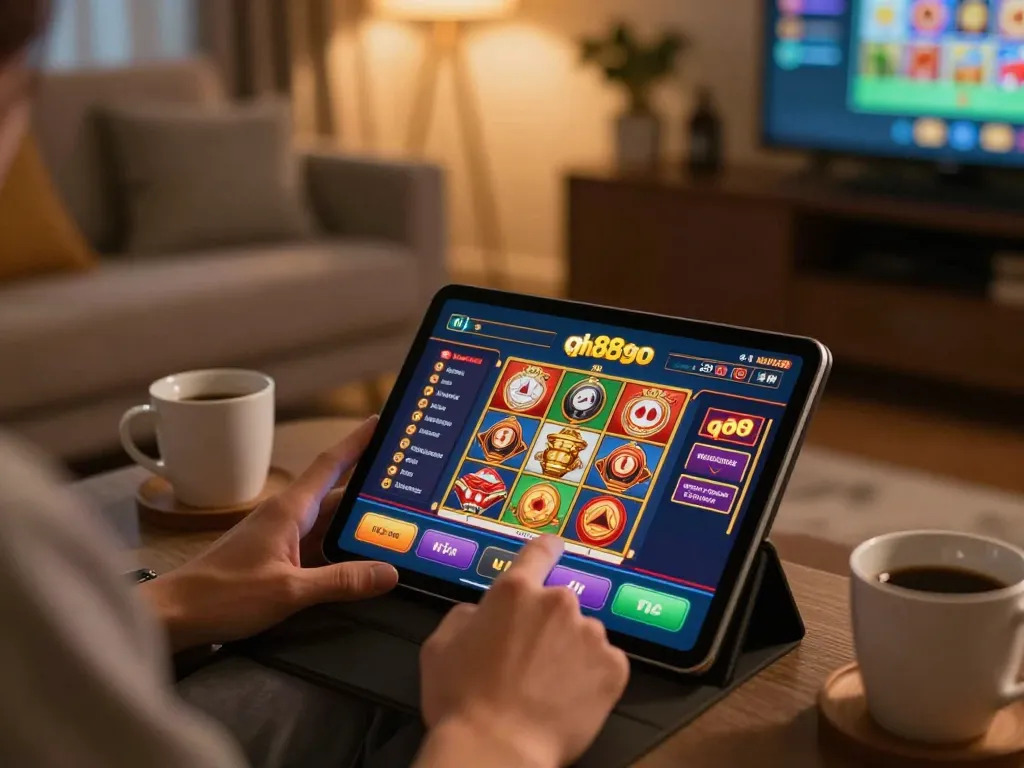 Player engaging with qh88go online casino on tablet in a cozy home setting