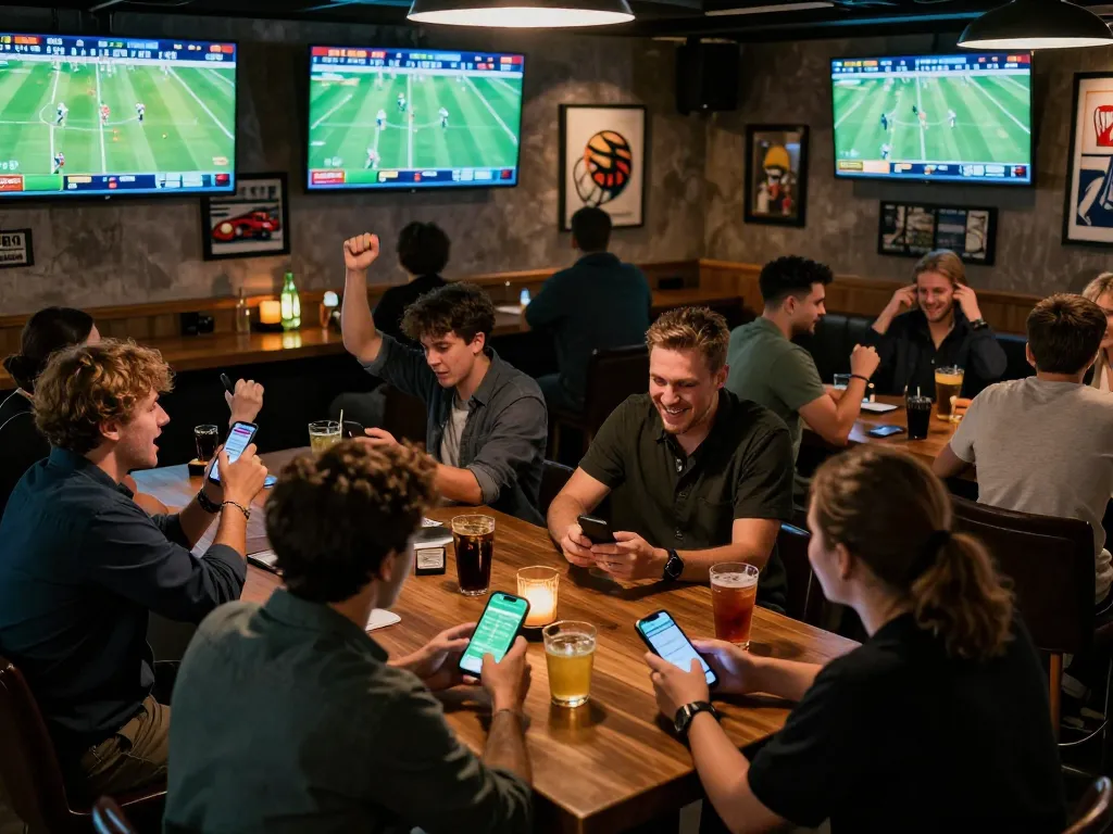 Patrons engaging in sports betting on fooballl games at a vibrant bar, dynamic atmosphere filled with excitement