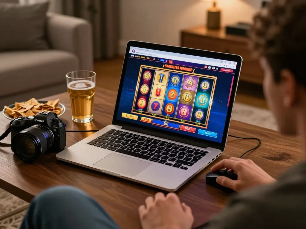 Player enjoying an engaging slot game on 7M online casino platform from home.