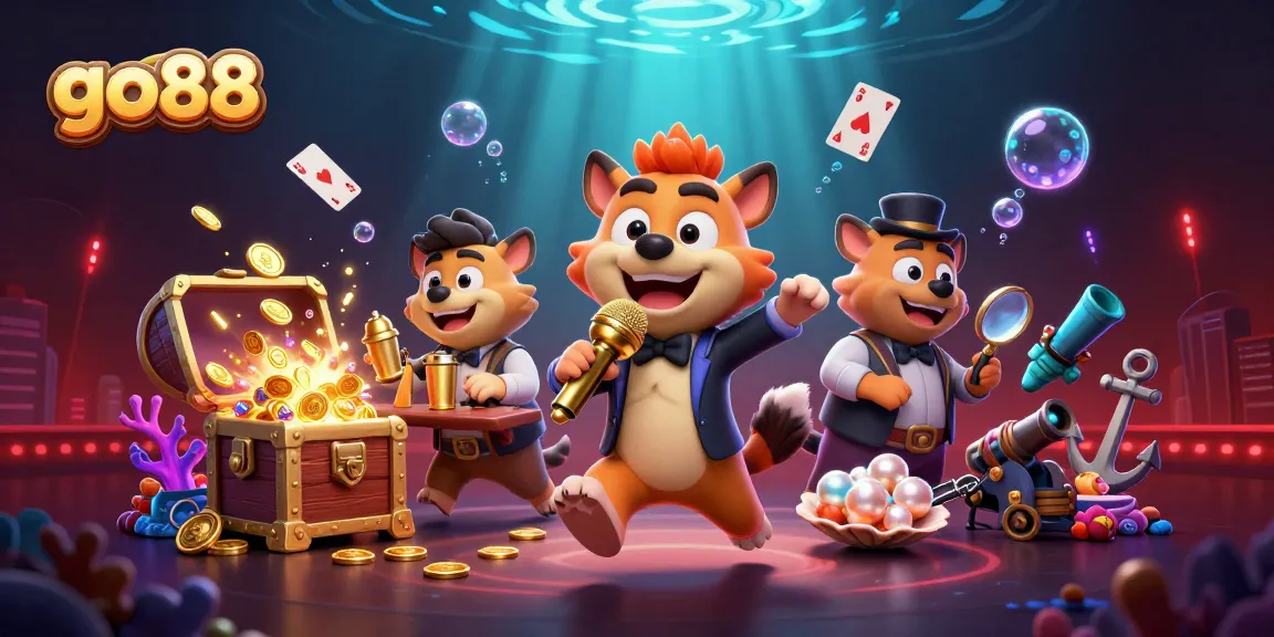 go88 showcases hyenas in a vibrant casino scene with golden shimmer and gaming elements.