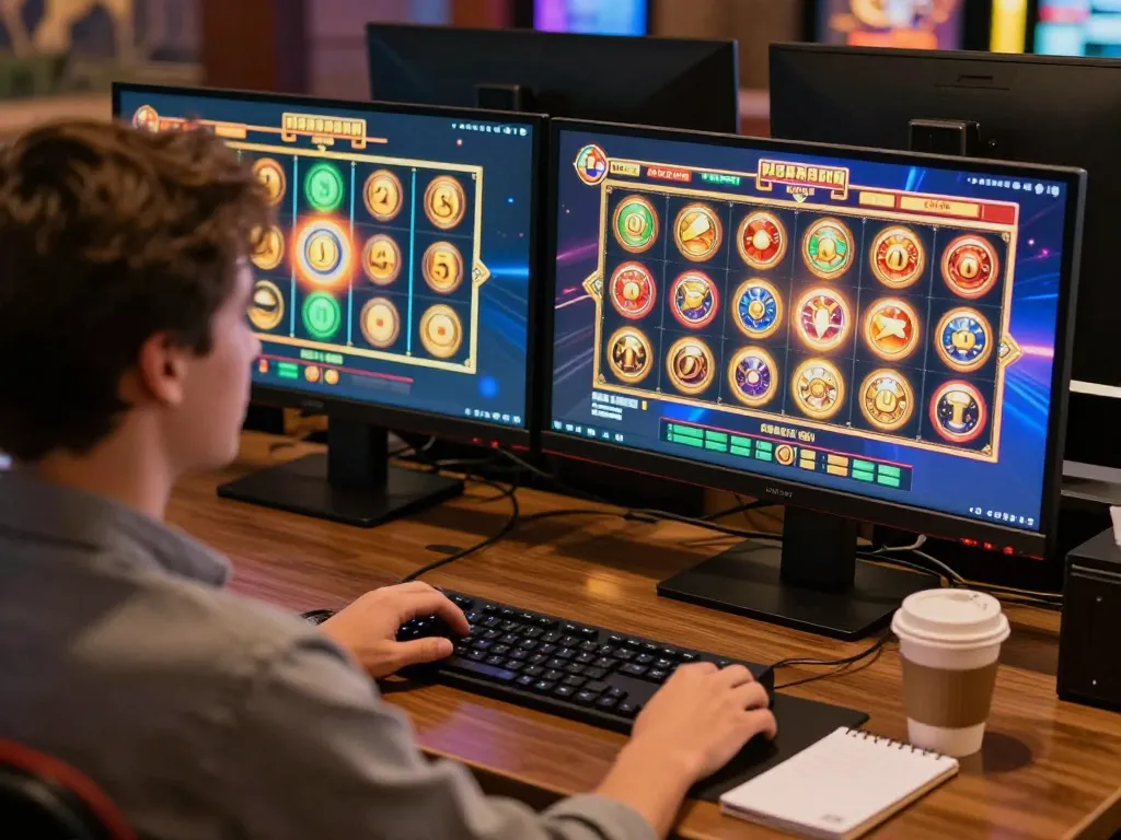 Engaging with lc88 online slots, vibrant graphics on screen during an at-home gaming session.