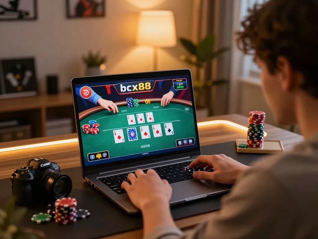 Player enjoying a strategic online poker game on bcx88, set in a cozy modern home office atmosphere.