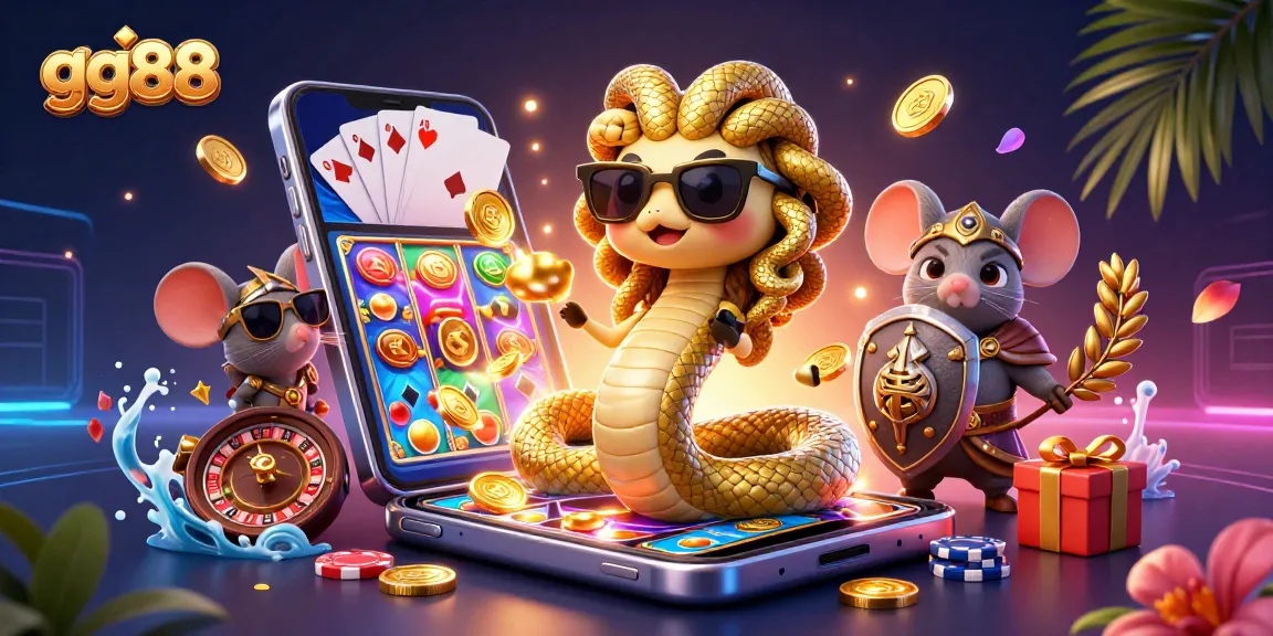 Win big with GG88 in this vibrant, colorful casino scene featuring Medusa and game elements!