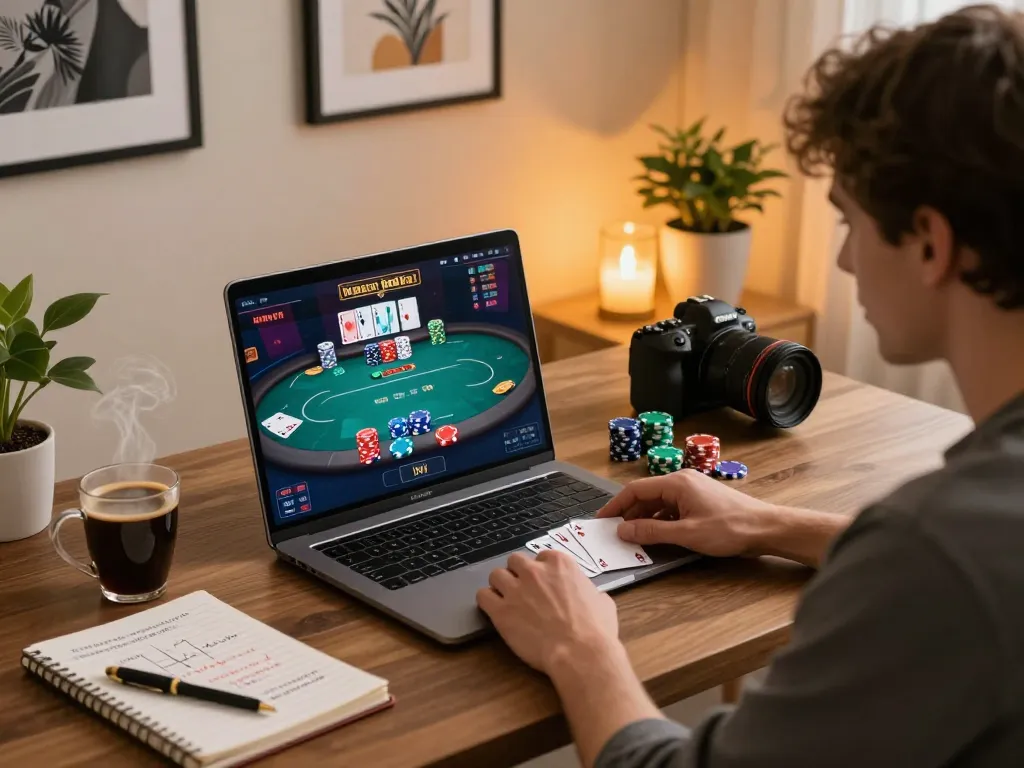 Players enjoying an intense online poker game at home with 789win gaming interface visible