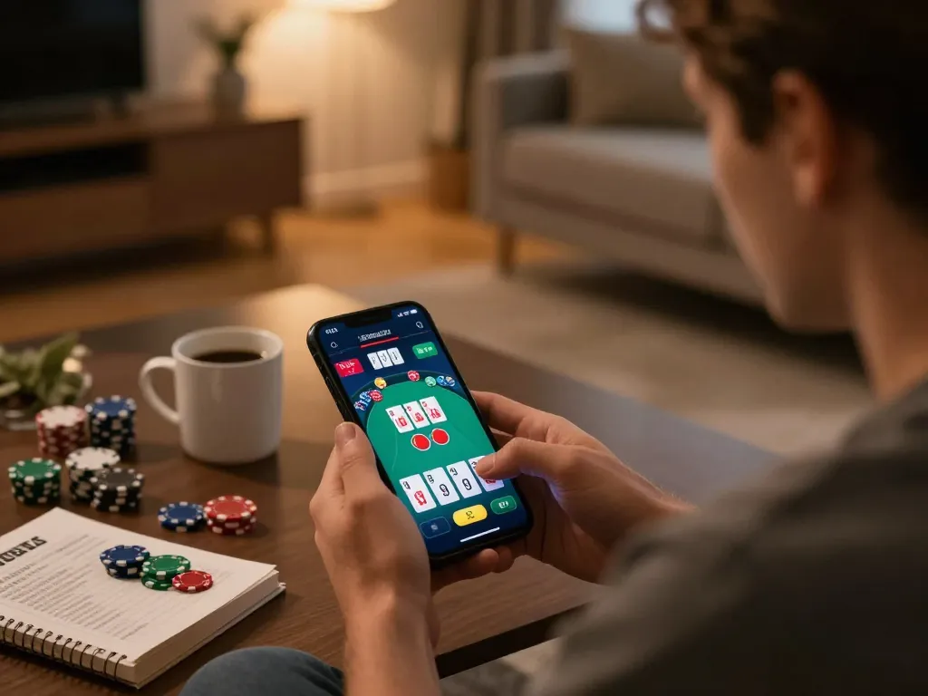 Player strategizing on XX88 mobile app while enjoying a cozy home environment