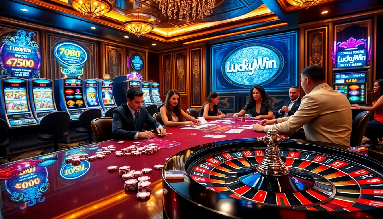 Experience the excitement at LuckyWin's luxurious casino tables filled with vibrant slot machines.