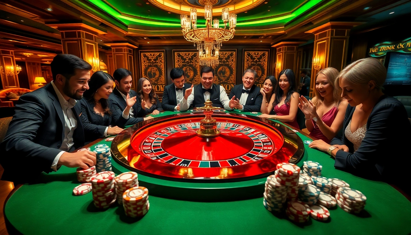 An exciting casino scene with players engaged in high-stakes gameplay at https://luck88.bar/, showcasing colorful chips and a roulette table.