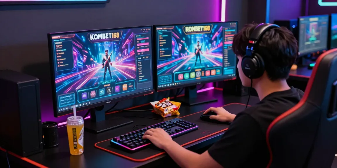 KOMBET168 online gambling player immersed in gaming environment with vibrant graphics and gaming accessories.