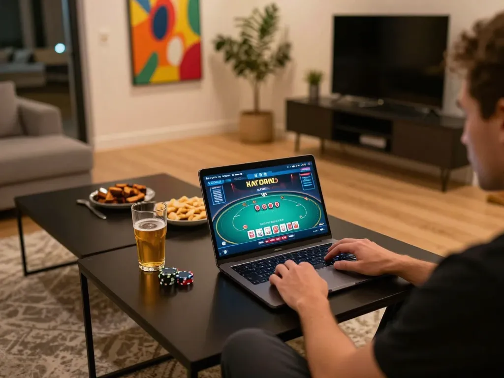 Engaging in online poker at home using laptop on the platform https://888now.cfd/ offering competitive gameplay and strategic excitement