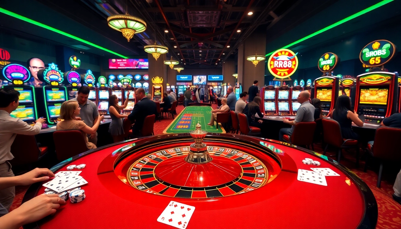 Players engaging with RR88 online casino games at a luxurious roulette table, highlighting the thrilling gambling experience.