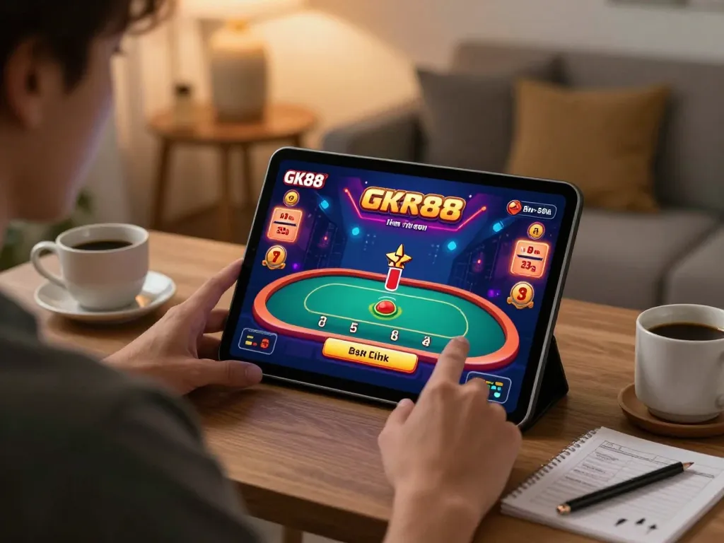 Player using GK88 app on tablet for live dealer game, focused and engaged in responsible gaming.