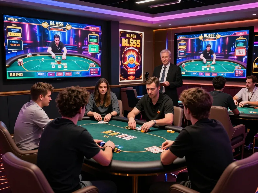 Players enjoying thrilling gaming experience at BL555, surrounded by vibrant visuals and excitement.