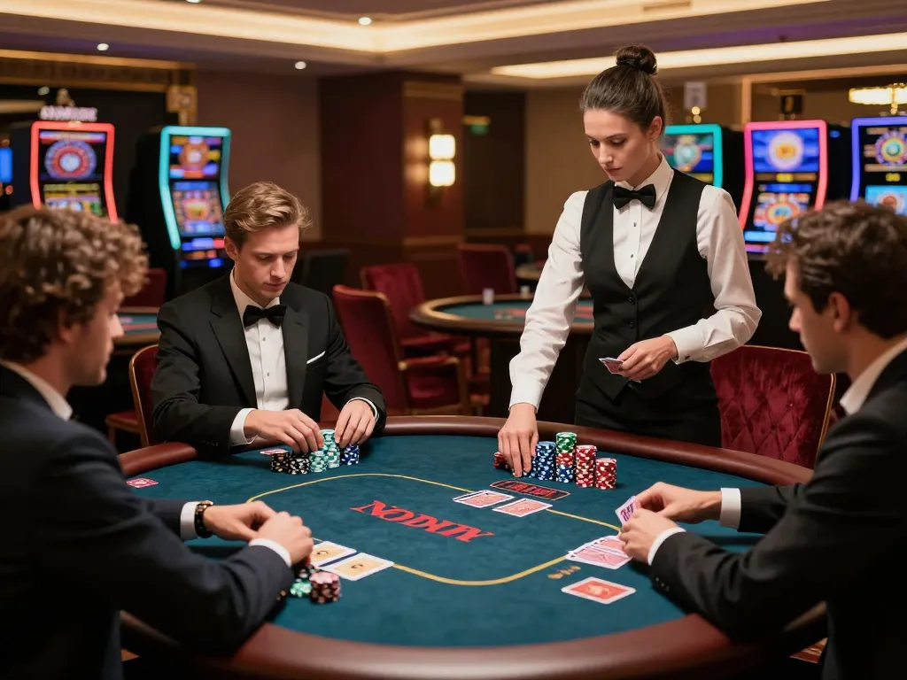 Play poker at DEBET in an upscale VIP casino setting with chips and cards displayed.
