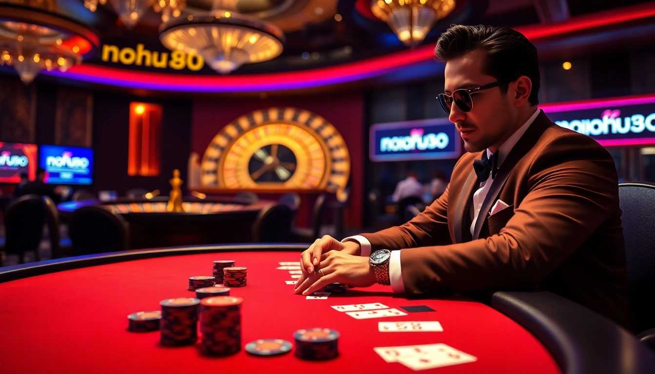 Nohu90 players enjoying a high-stakes card game at a glamorous casino table.