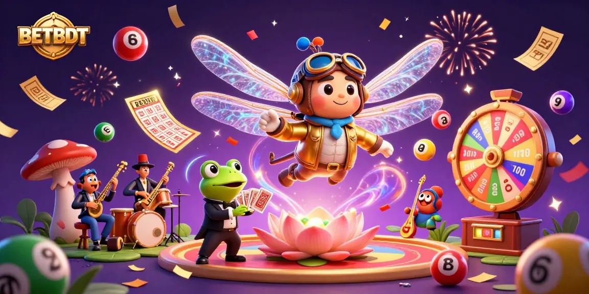 Experience thrilling moments with BETBDT at a vibrant casino scene featuring a dragonfly pilot and frog croupier.