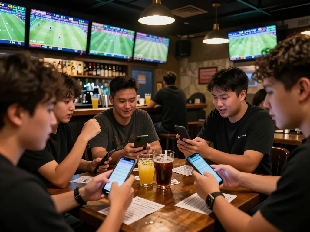 Patrons engaged in sports betting at a lively bar, experiencing thể thao 88aa with excitement and camaraderie