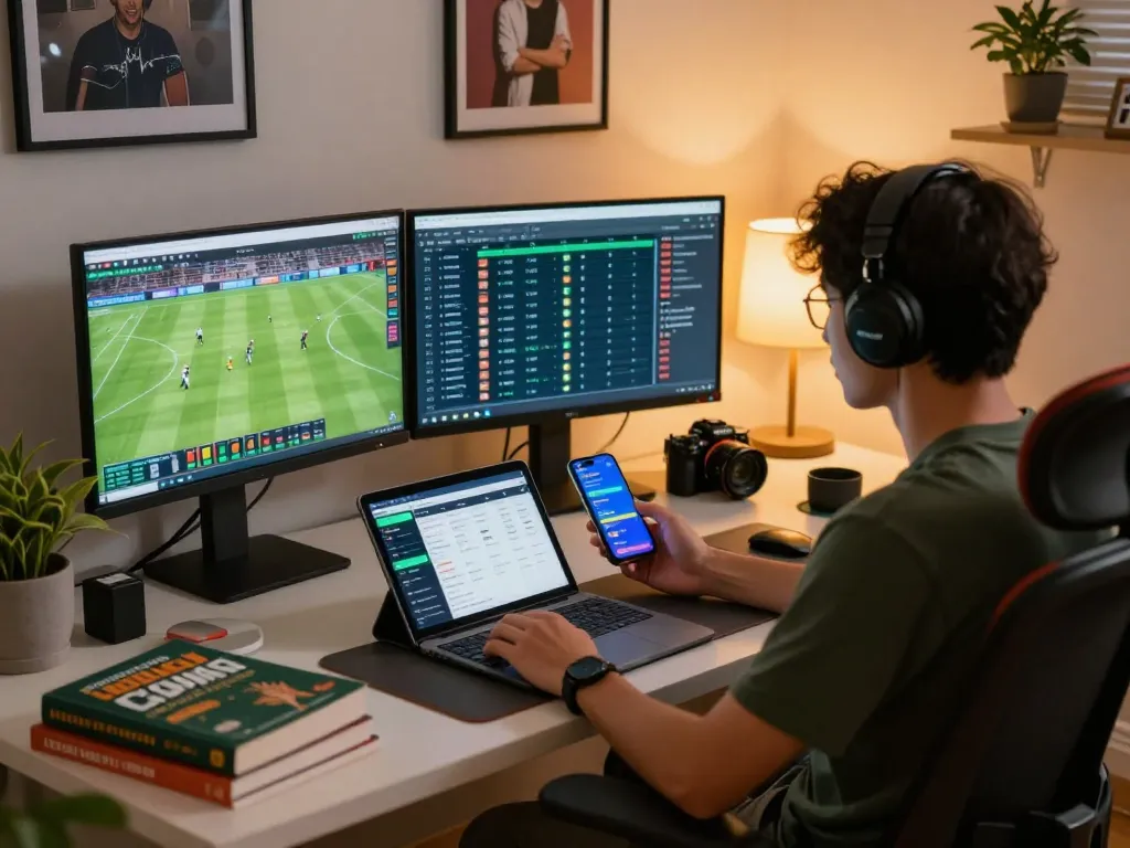 Tỷ lệ kèo bóng đá displayed on monitors in a vibrant sports betting analysis workspace.