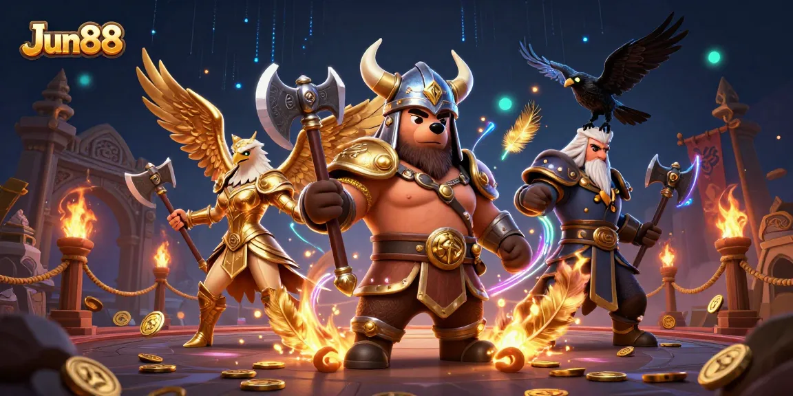 Experience thrilling games at Jun88 with our dynamic casino illustration featuring unique characters and elements.