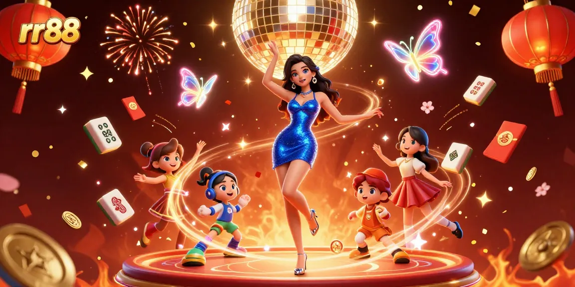 rr88 celebrates winning moments with a glamorous woman surrounded by vibrant casino elements and festive energy.
