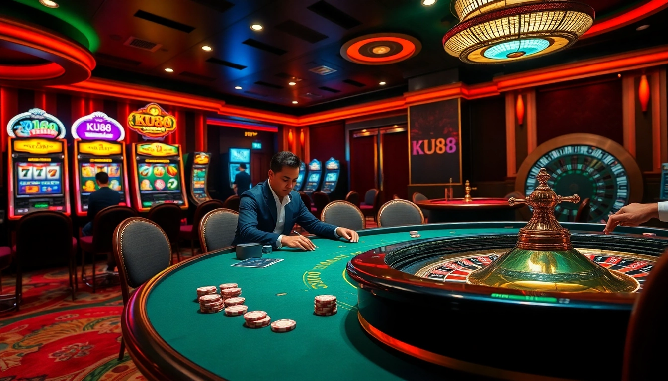 Experience the excitement of gambling at KU88 casino with poker, slot machines, and a vibrant atmosphere.